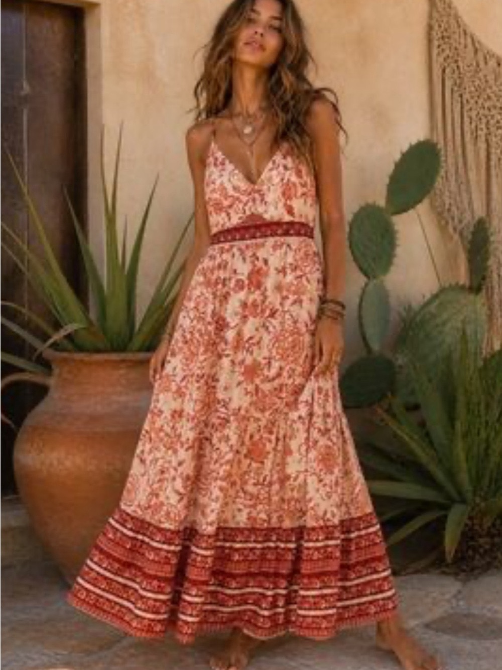 Rachel Zoe Cream and Coral  Floral Smocked Tiered  Maxi Dress
